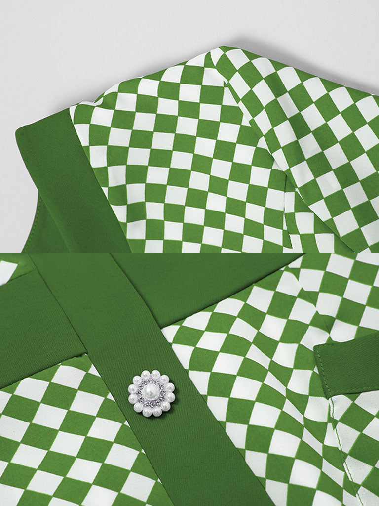 Green V Neck Checkerboard Print Short Sleeve 1940S Vintage Dress