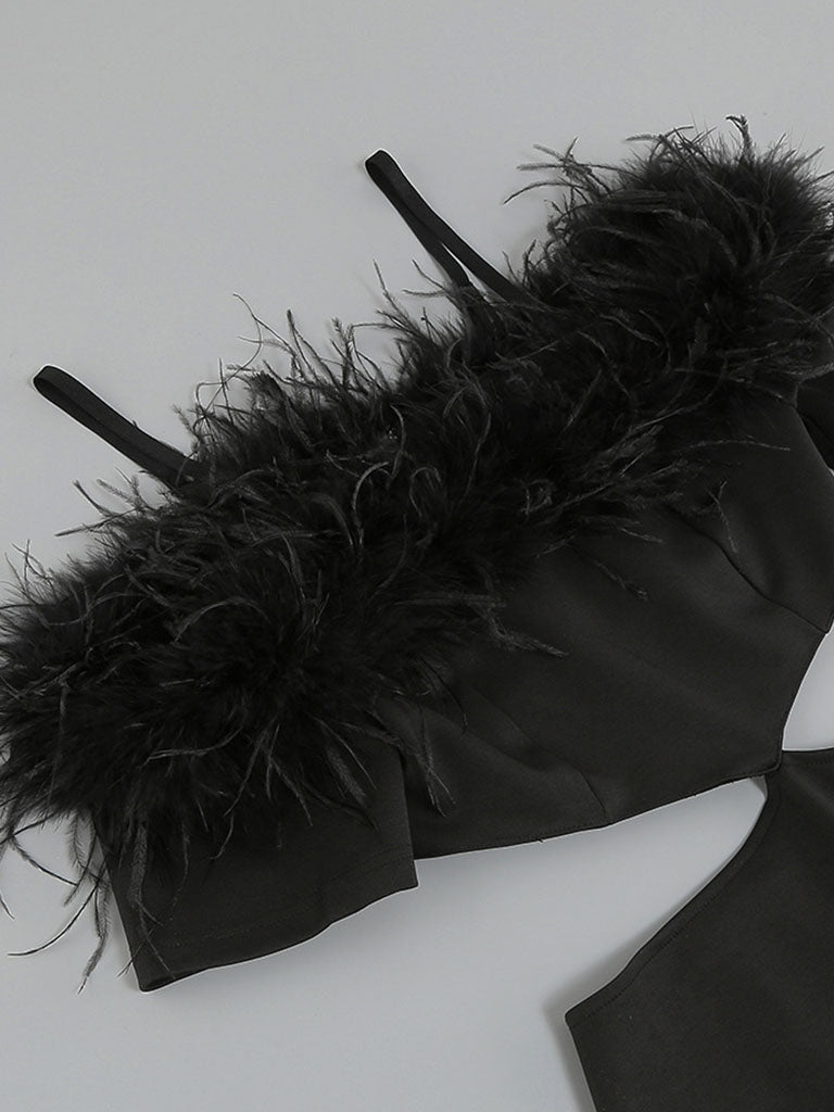 Black Spaghetti Strap Feather Off The Shoulder Bodycon Dress Gown Party Dress