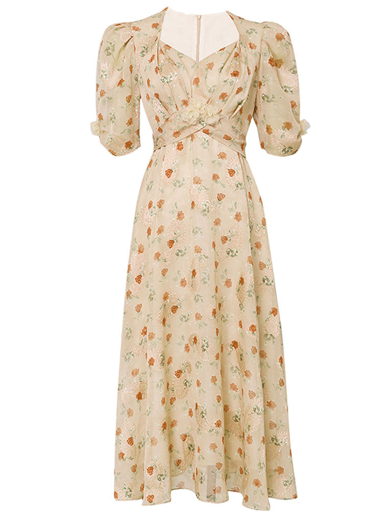 Pink Rose Floral Chiffon Vintage Style 1950S Dress