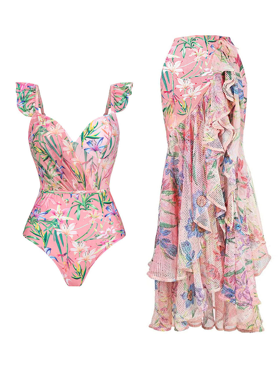 Pink Lace Ruffles Flowers One-piece Swimsuit