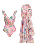 Pink Lace Ruffles Flowers One-piece Swimsuit
