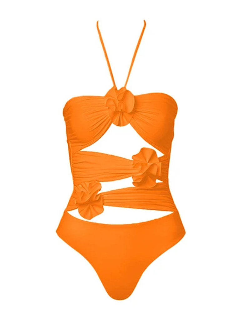 Orange Handmade Flower Halter Ruffles One Piece