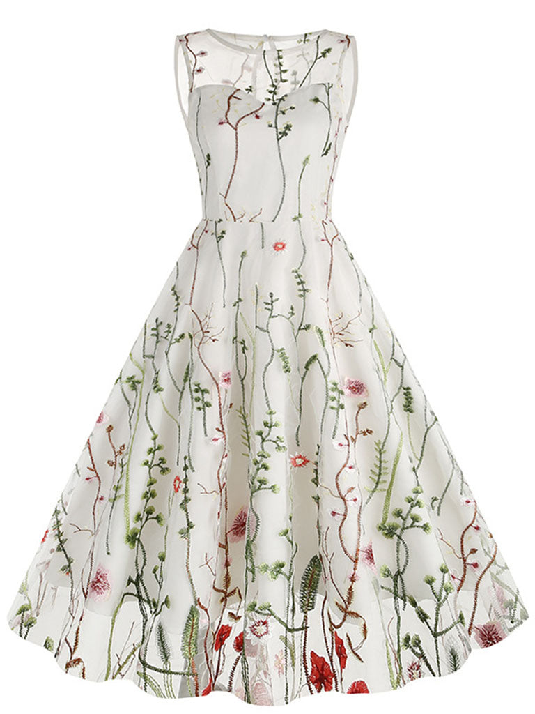 Wine Red Semi Mesh Flower Embroidered Sleeveless 50S Swing Dress