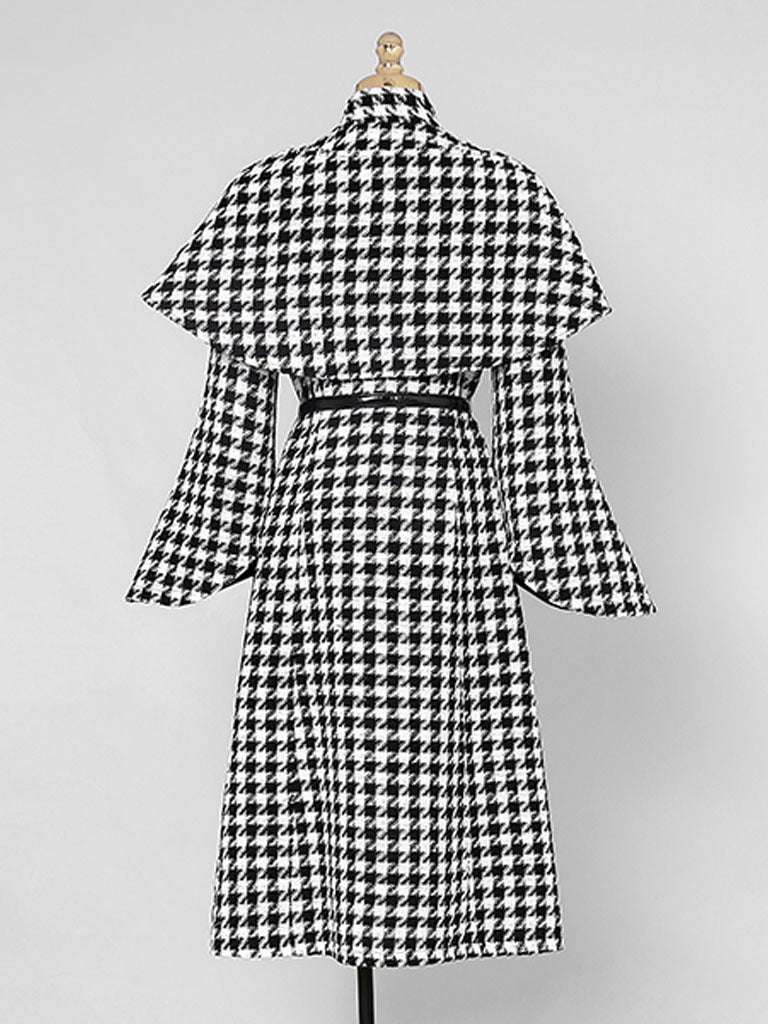 2PS Stand Collar Flared Sleeve  Houndstooth Wool Coat