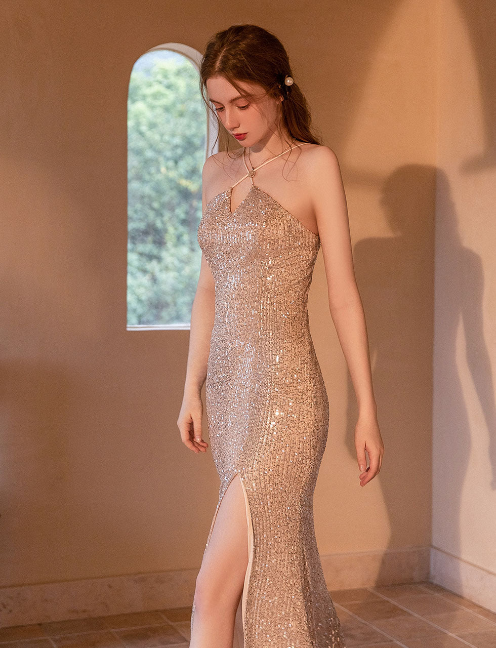 Black Sequined Split Bodycon Maxi Party Dress