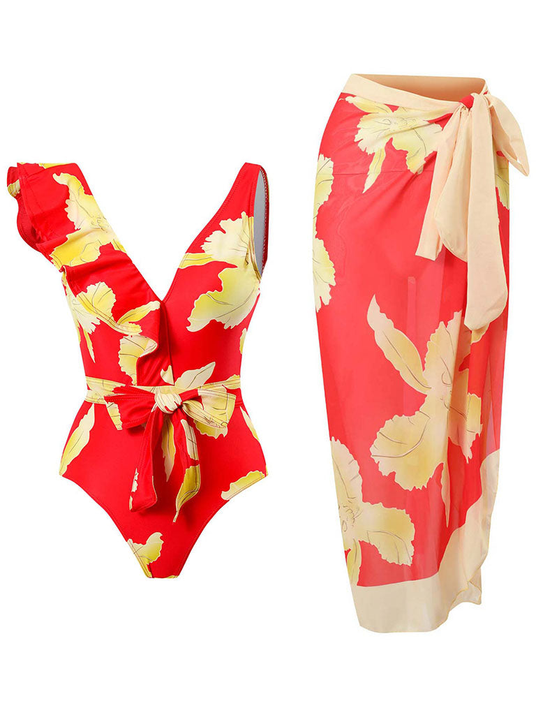 Blue Floral Print Ruffles Strap One Piece