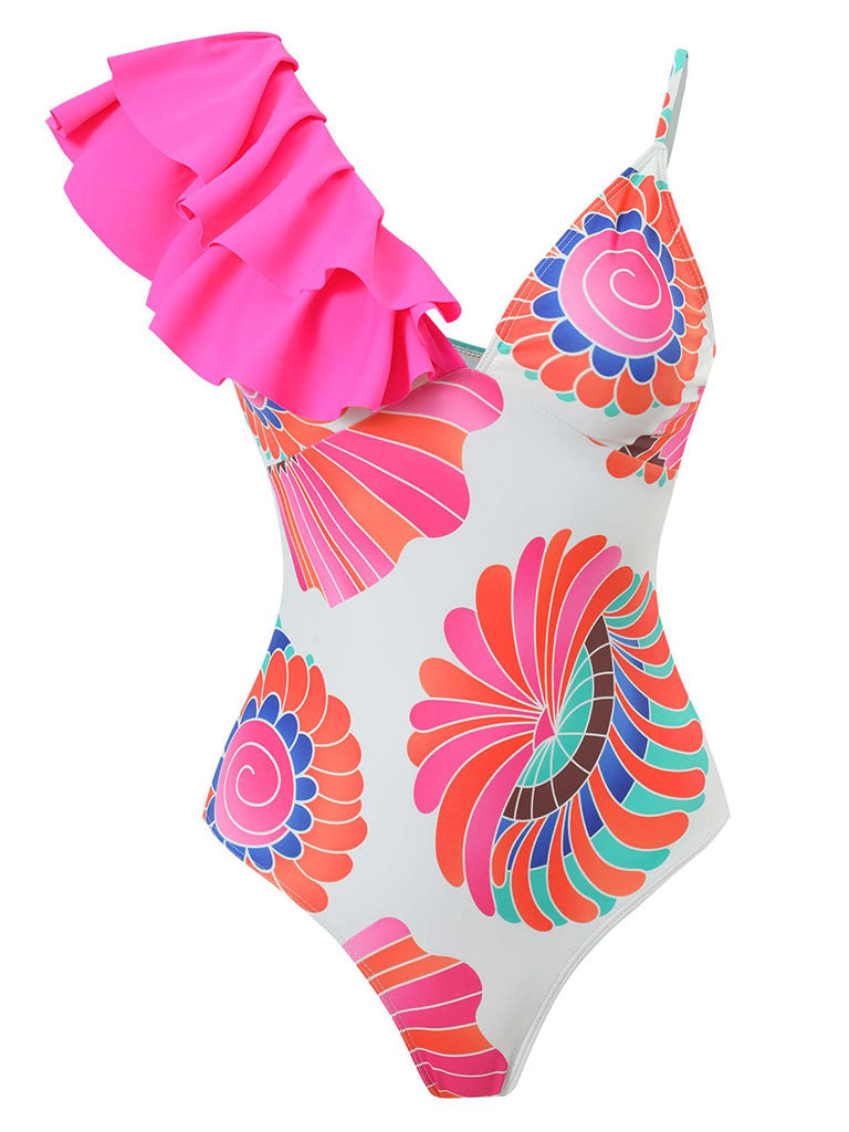 Pink Floral Print Ruffles Strap One Piece