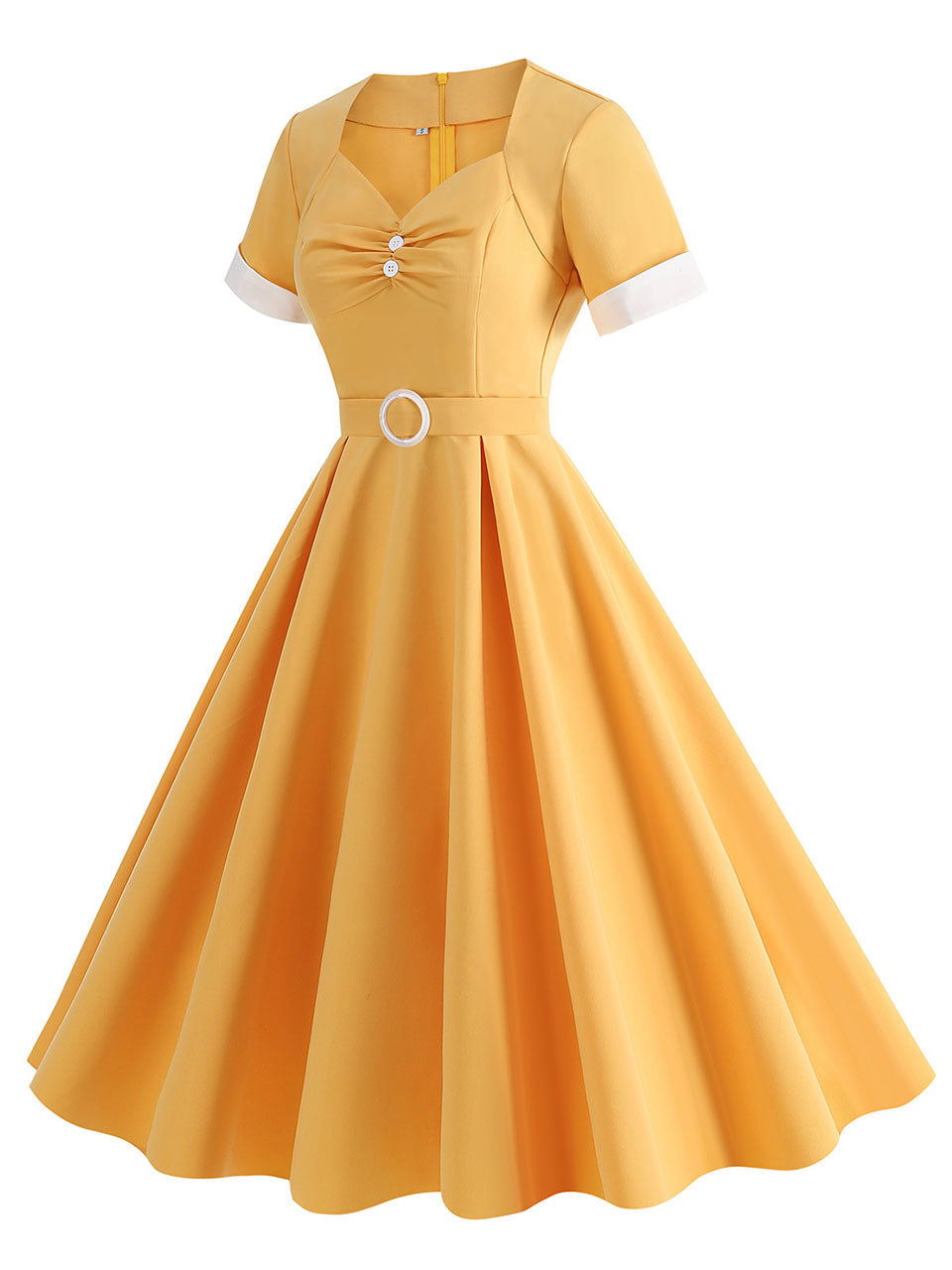 Yellow Sweet Heart 1950s Vintage Shirt Dress for Short Sleeve Audrey Hepburn Style Cocktail Swing Dress