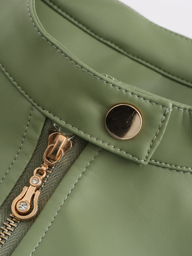 Light Green Long Sleeve PU Leather Motorcycle Jacket For Women