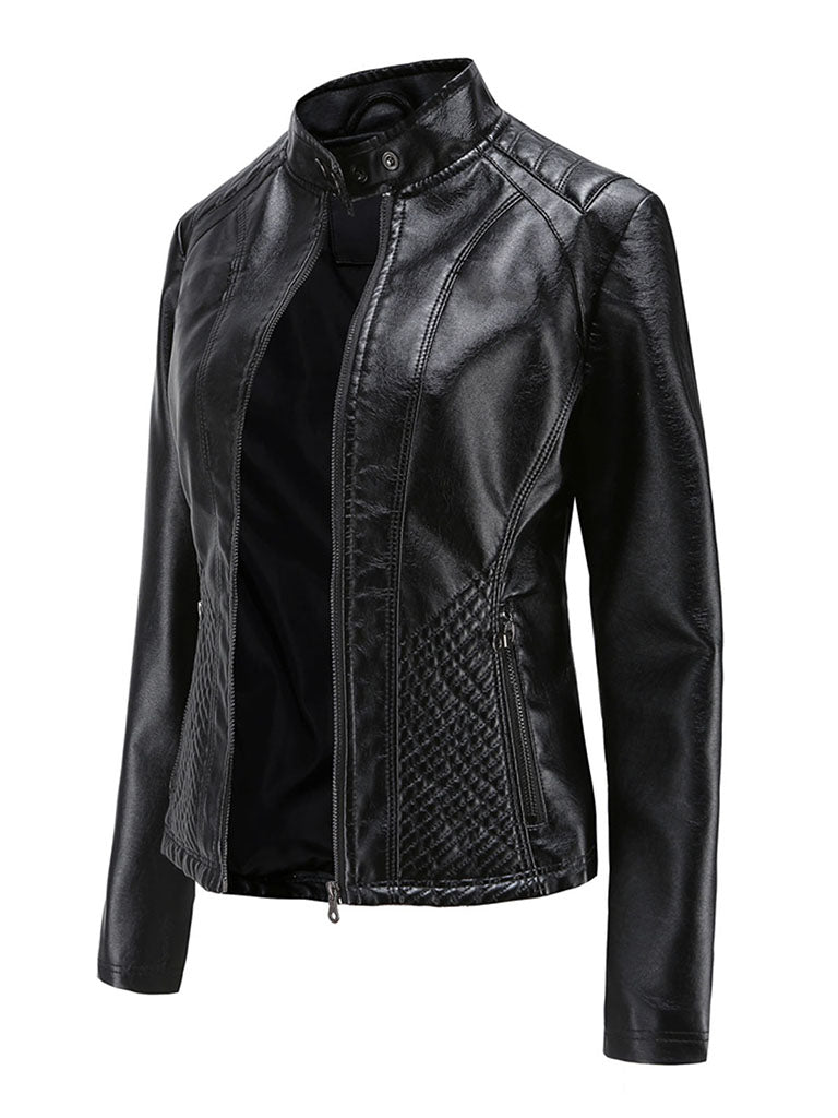 Stand Collar Long Sleeve PU Leather Motorcycle Jacket
