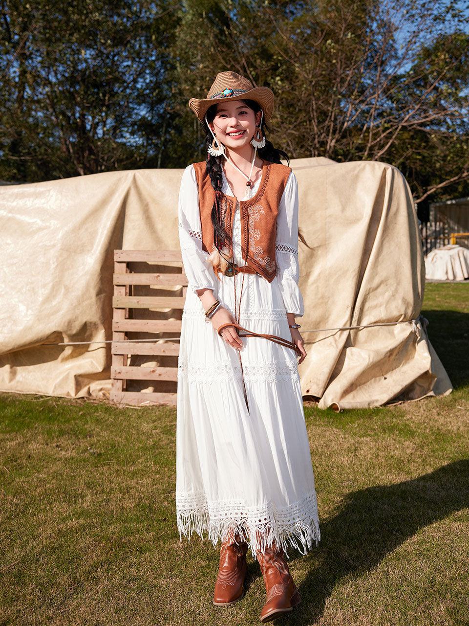 Bohemian White Long-sleeved Cotton Tassel Maxi Dress