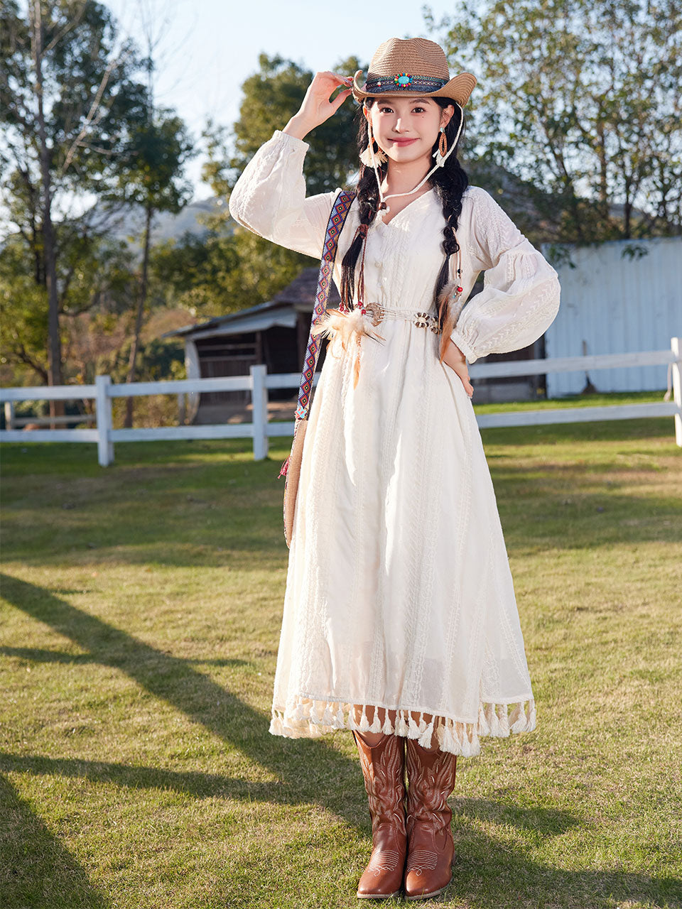 Bohemian White Tassel Cotton Maxi Dress