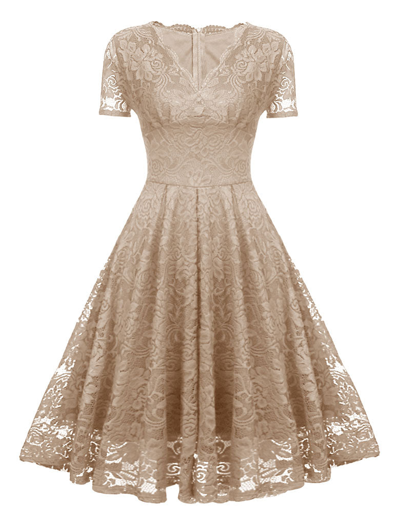 Solid Color Lace Short Sleeve V Neck 50s Party Swing Dress