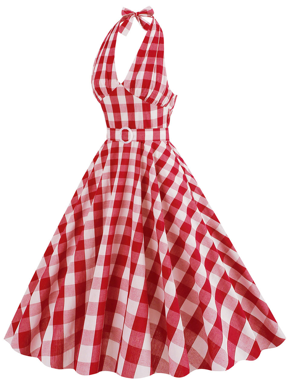 Pink And White Plaid Halter Deep V Neck 1950S Vintage Dress