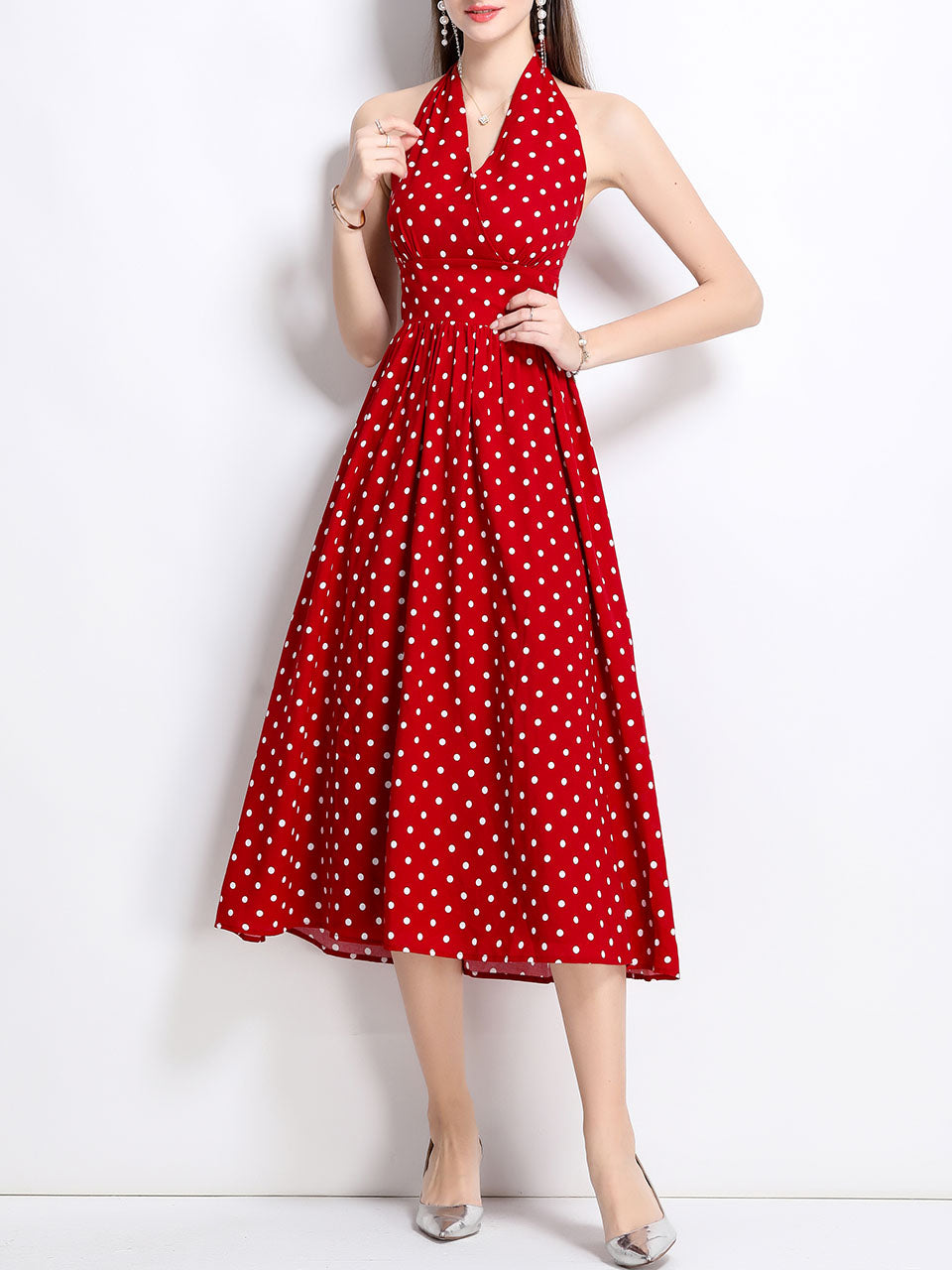 1950S Hepburn Style Outfits Polka Dots Halter Swing Dress