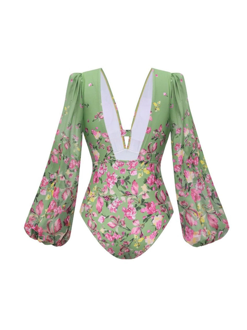 2PS Sage Green Vintage Lantern Sleeve Flower Print Monokini and Flowy Beach Long Skirt Swimsuit Set