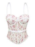 Pink Floral Embroidered Corset Top - Sheer Boned Spaghetti Strap Bustier