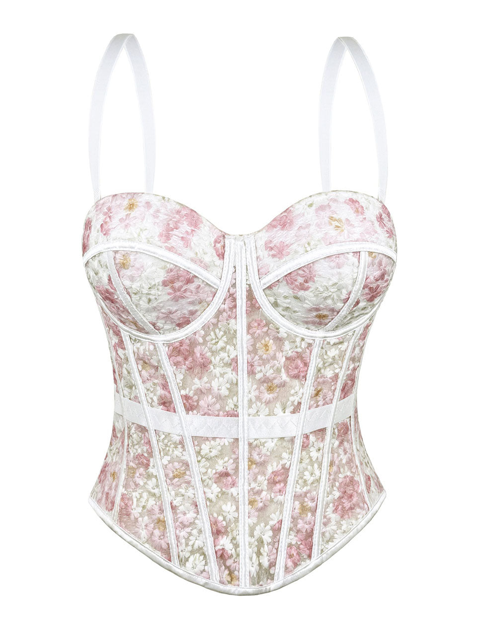 Pink Floral Embroidered Corset Top - Sheer Boned Spaghetti Strap Bustier