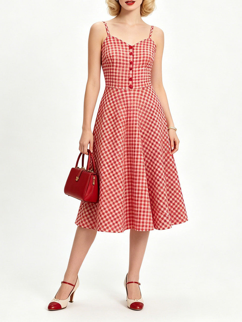 1950s Green Gingham Button Front Spaghetti Strap Swing Summer Picnic Dress