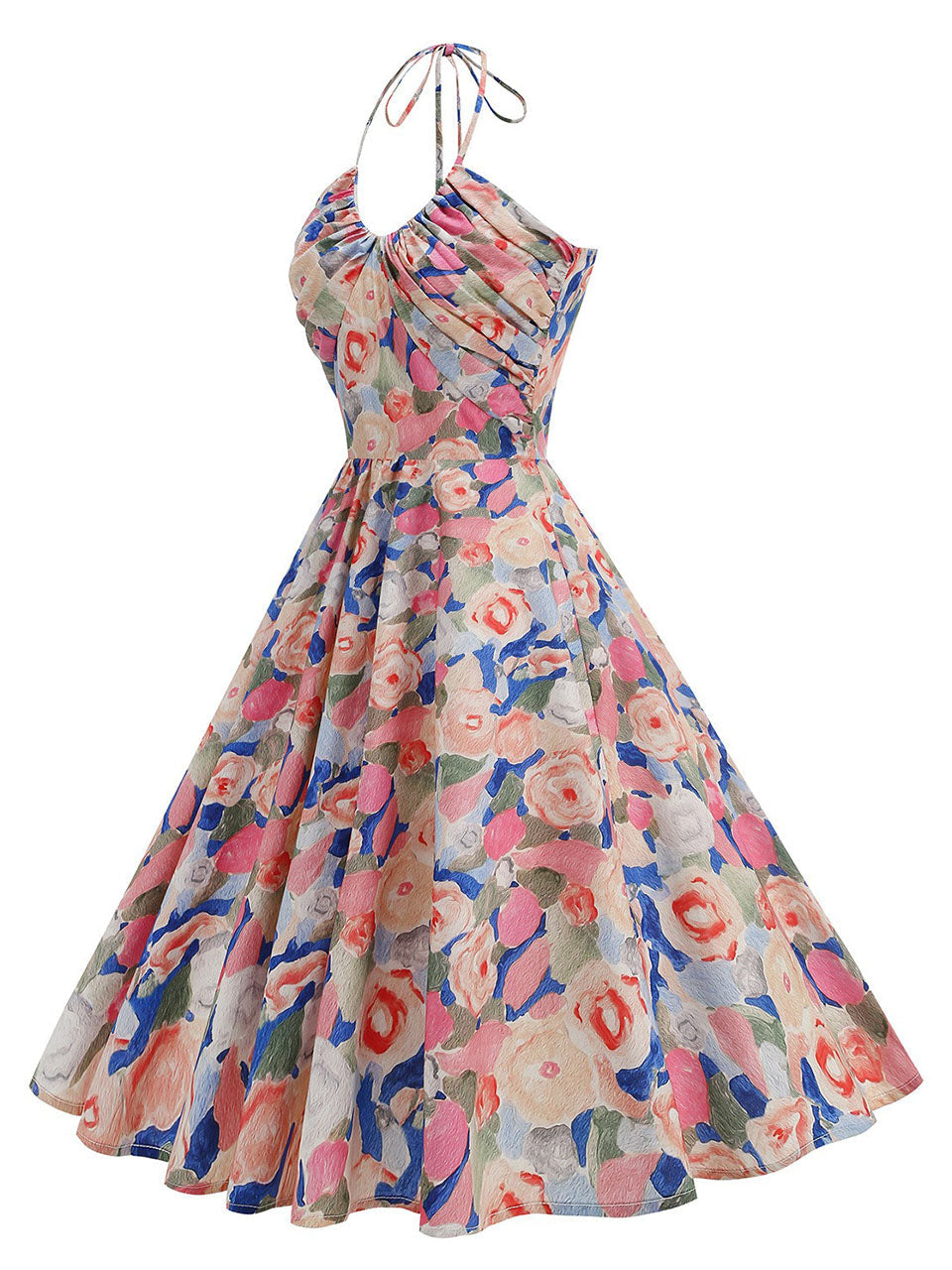 Yellow Floral Print Halter Neck Vintage Dress