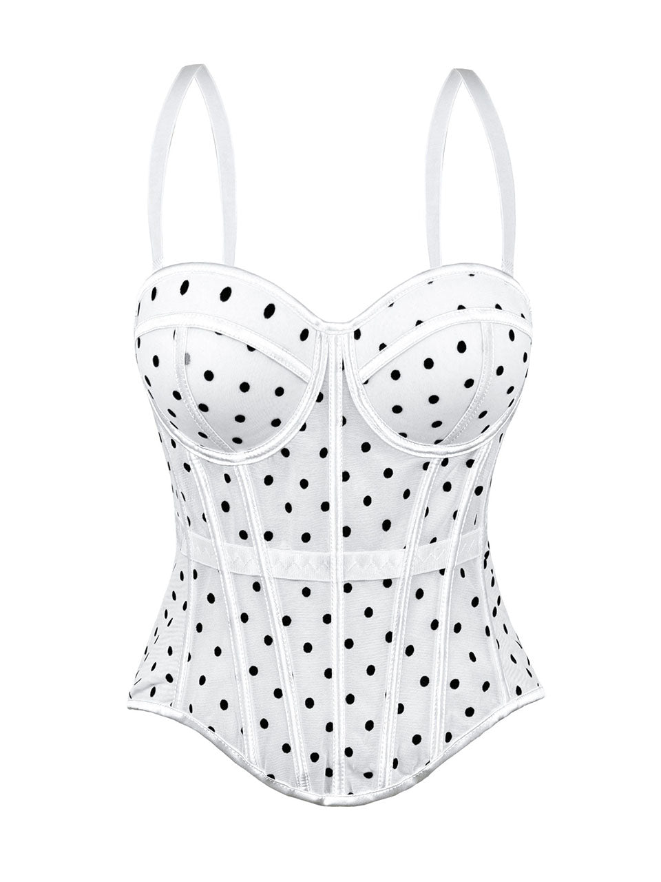 Pink Polka Dot Mesh Corset Top - Sheer Boned Spaghetti Strap Bustier