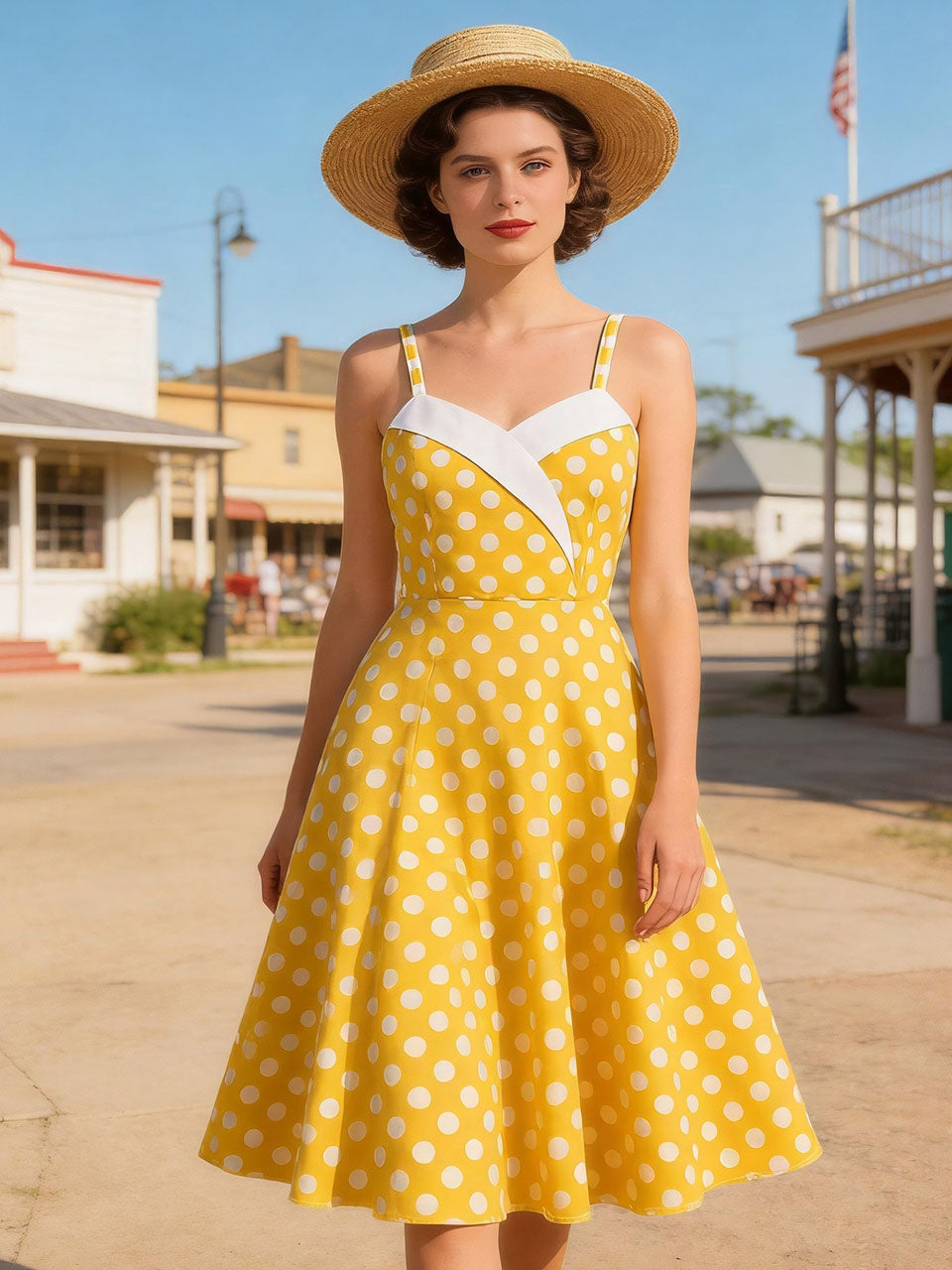 1950s Yellow Polka Dot  Lapel Strap Midi Dress