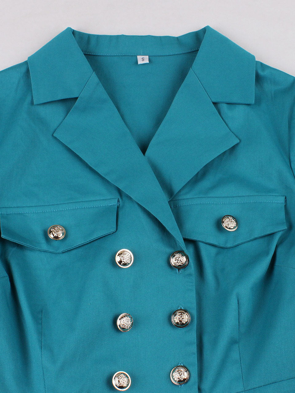 1950s Teal Blue Retro Double Breasted Lapel Collar Swing Dress
