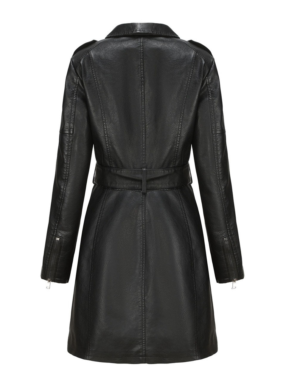 Black Faux PU Leather Trench Mid-Length Coat