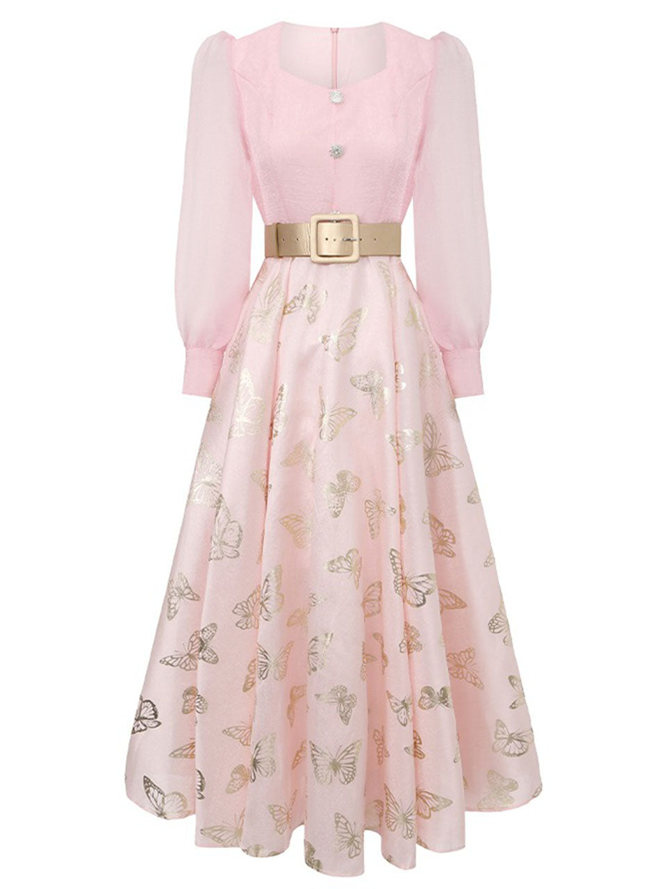Gold Foil Butterfly Print Pink Vintage Square Neck Maxi Dress