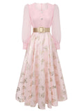 Gold Foil Butterfly Print Pink Vintage Square Neck Maxi Dress