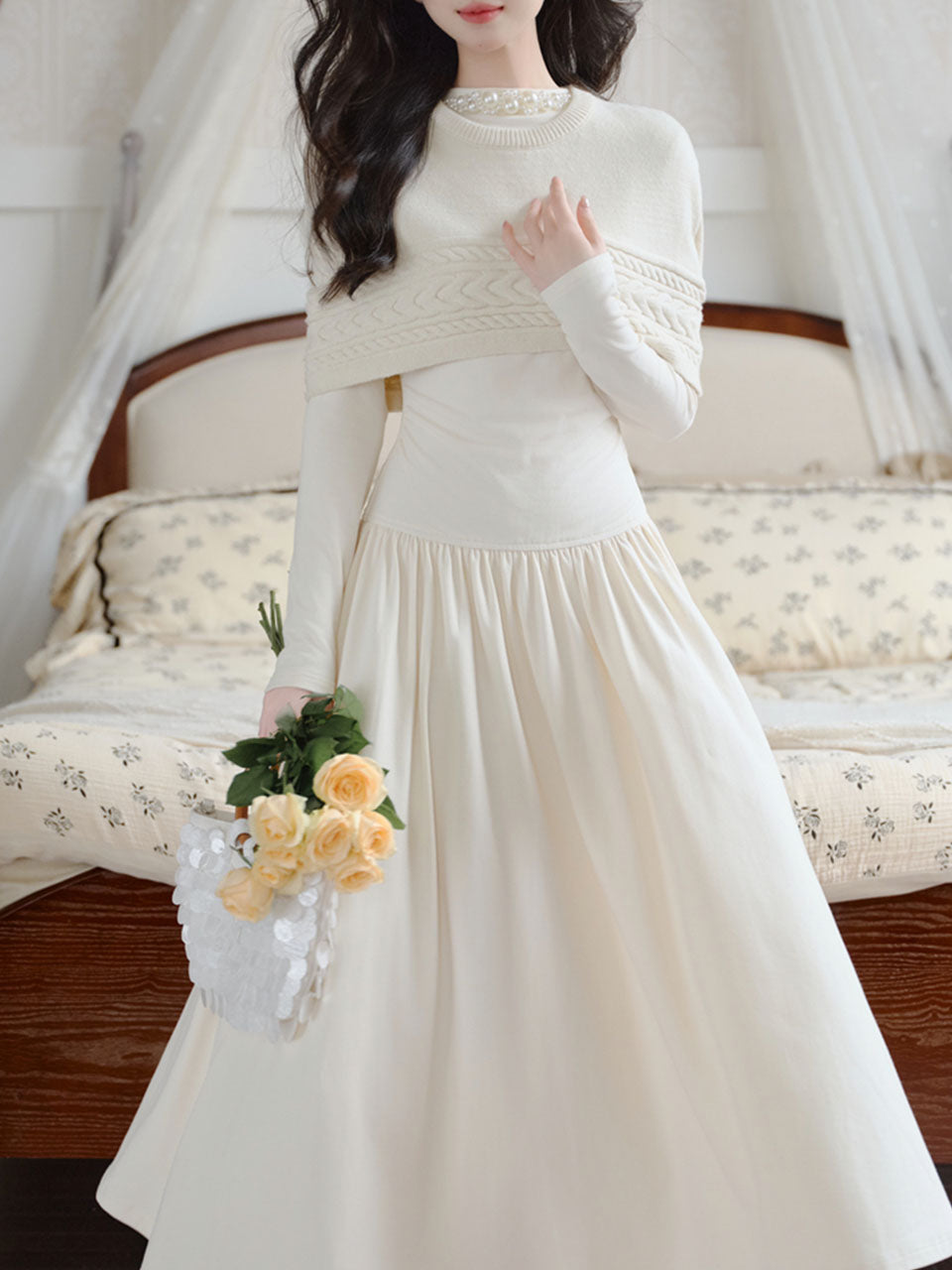 White Two-Piece Set Pearl Beaded Long Sleeve Dress