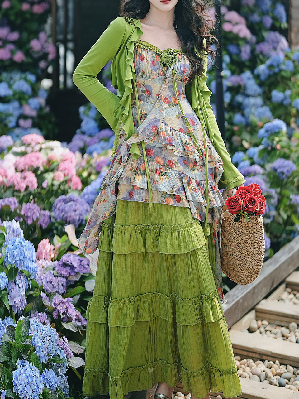 2PS Boho Gypsy Floral Asymmetrical Maxi Dress Whimsical Green Crinkled Tiered Ruffle Dress for Festival
