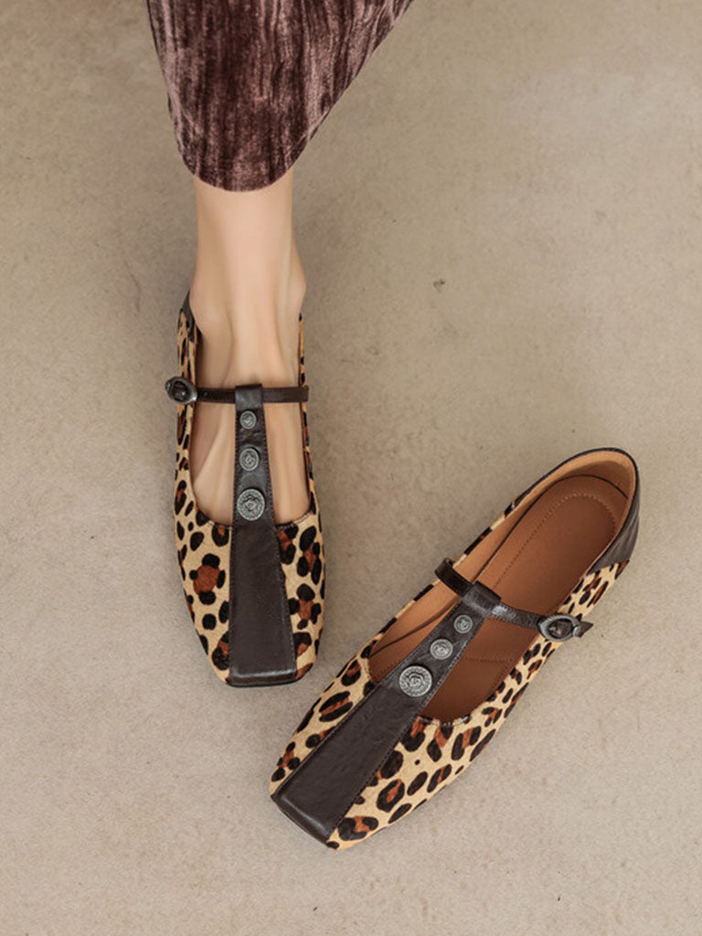 Flat Heel Leopard Square Toe T-strap Vintage Shoes