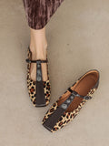 Flat Heel Leopard Square Toe T-strap Vintage Shoes