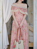 Pink Floral Rose Off Shoulder Lace Georgette Dress