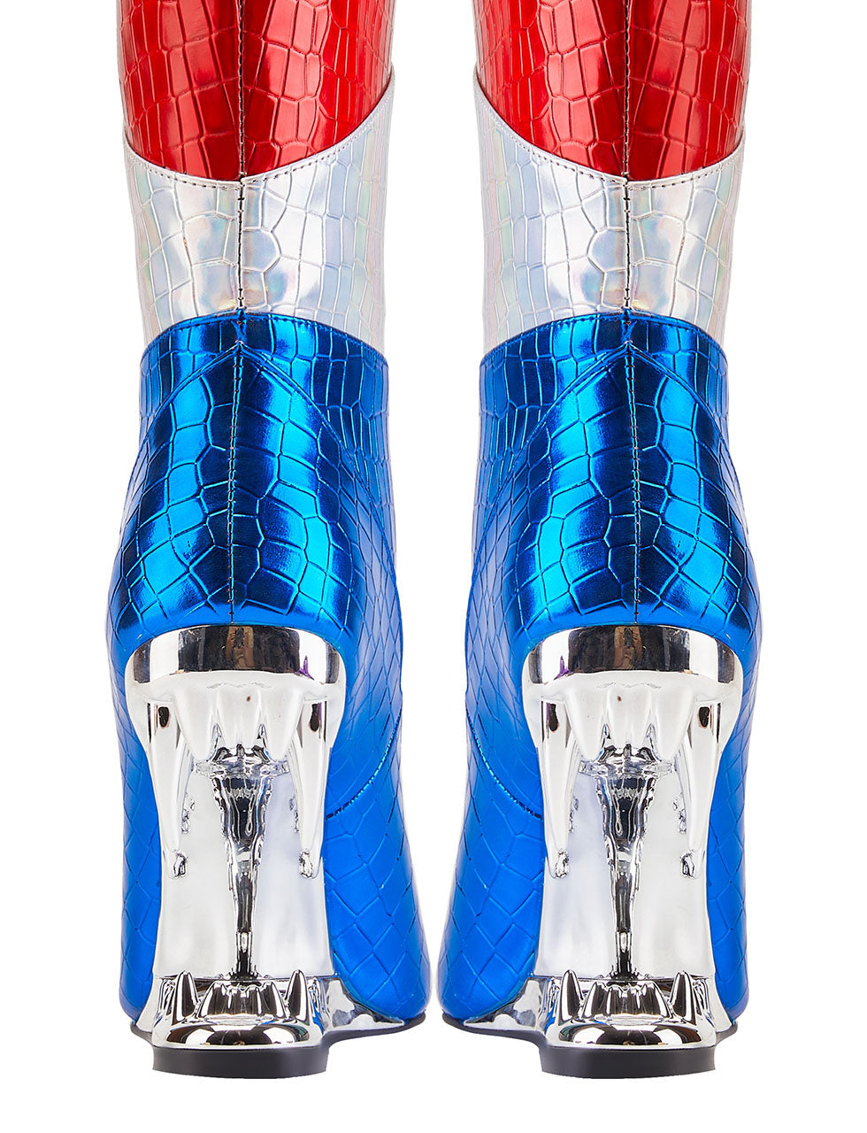Blue High Heel Pointed Toes Metallic Leather Boots Shoes