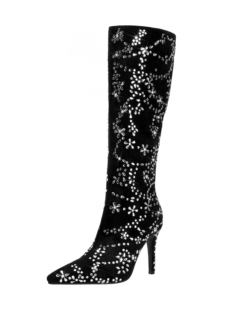 Black High Heel Pointed Toes Luxury Flower Bling Rhinestone Boots Shoes