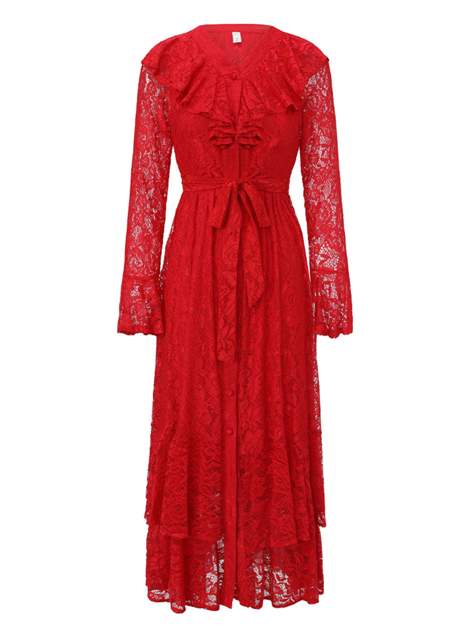Red Lace Long Sleeve Midi Dress