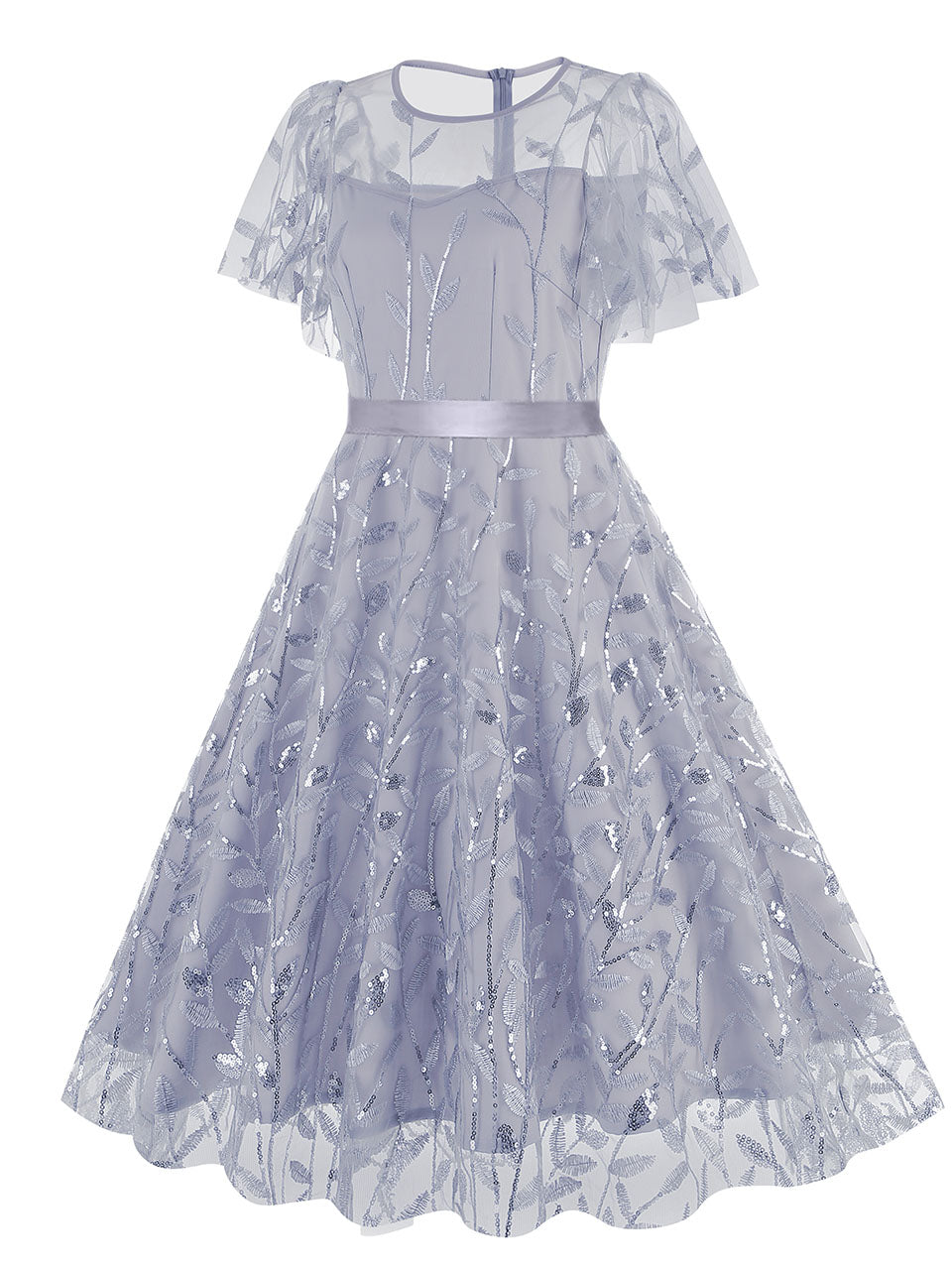 Baby Grey Semi Mesh Leaf Sequins Embroidered Short Sleeve 1950S Swing Dress