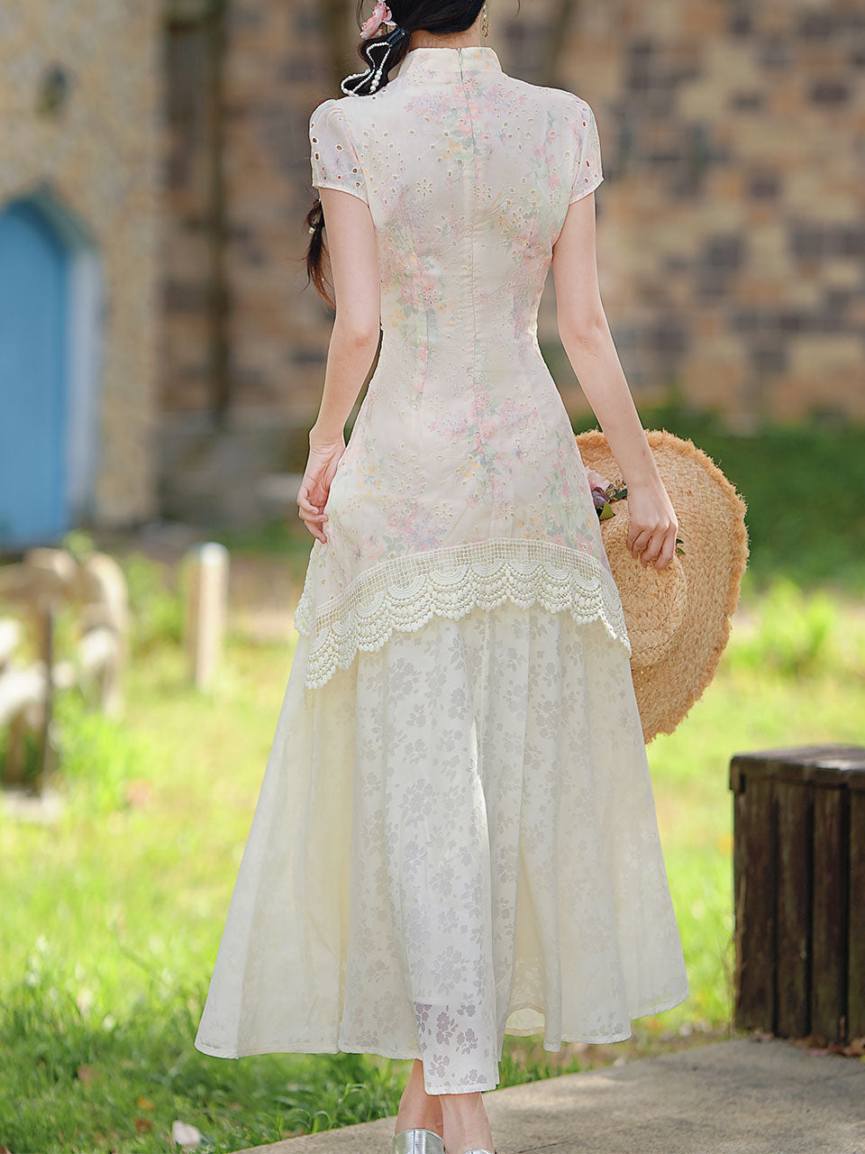 Pink Pastel Floral Lace Cheongsam Dress