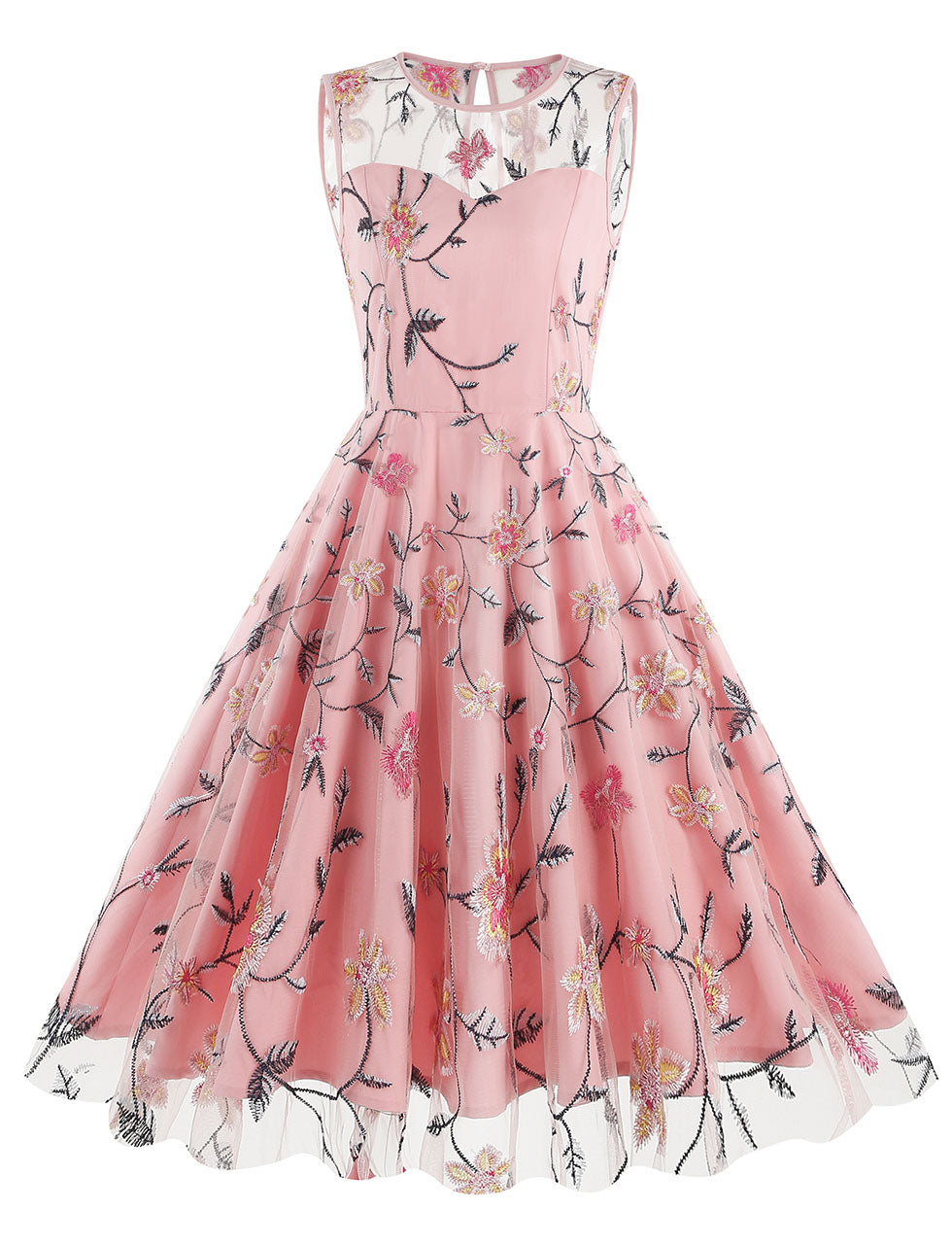 Lake Blue Semi Mesh Rose Embroidered Sleeveless 50S Swing Dress
