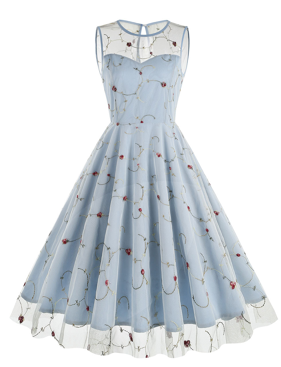 Lake Blue Semi Mesh Flower Embroidered Sleeveless 50S Swing Dress