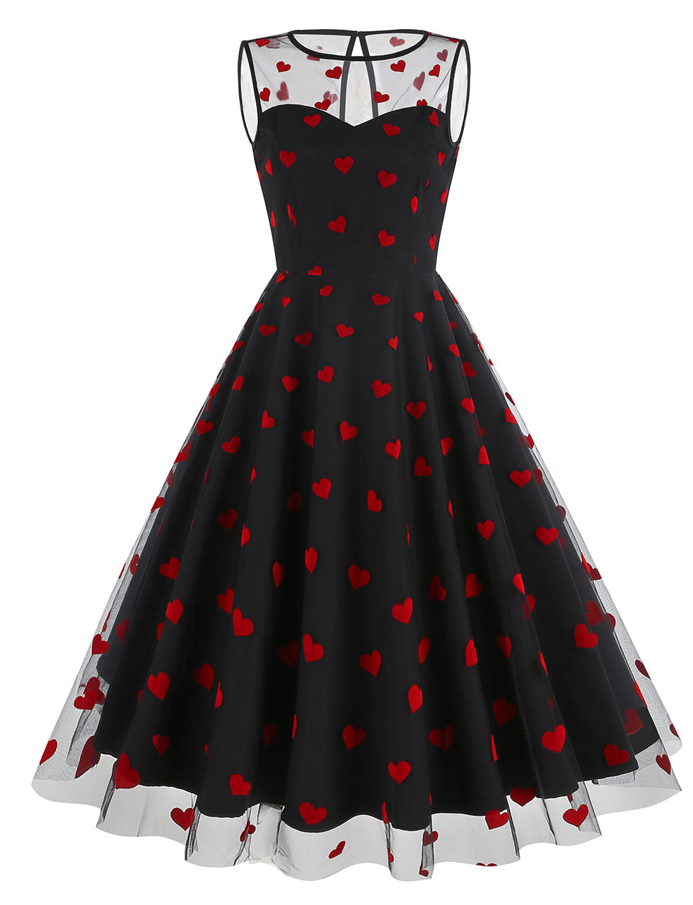 Black Semi Mesh Sweet Heart Embroidered Sleeveless 50S Swing Dress