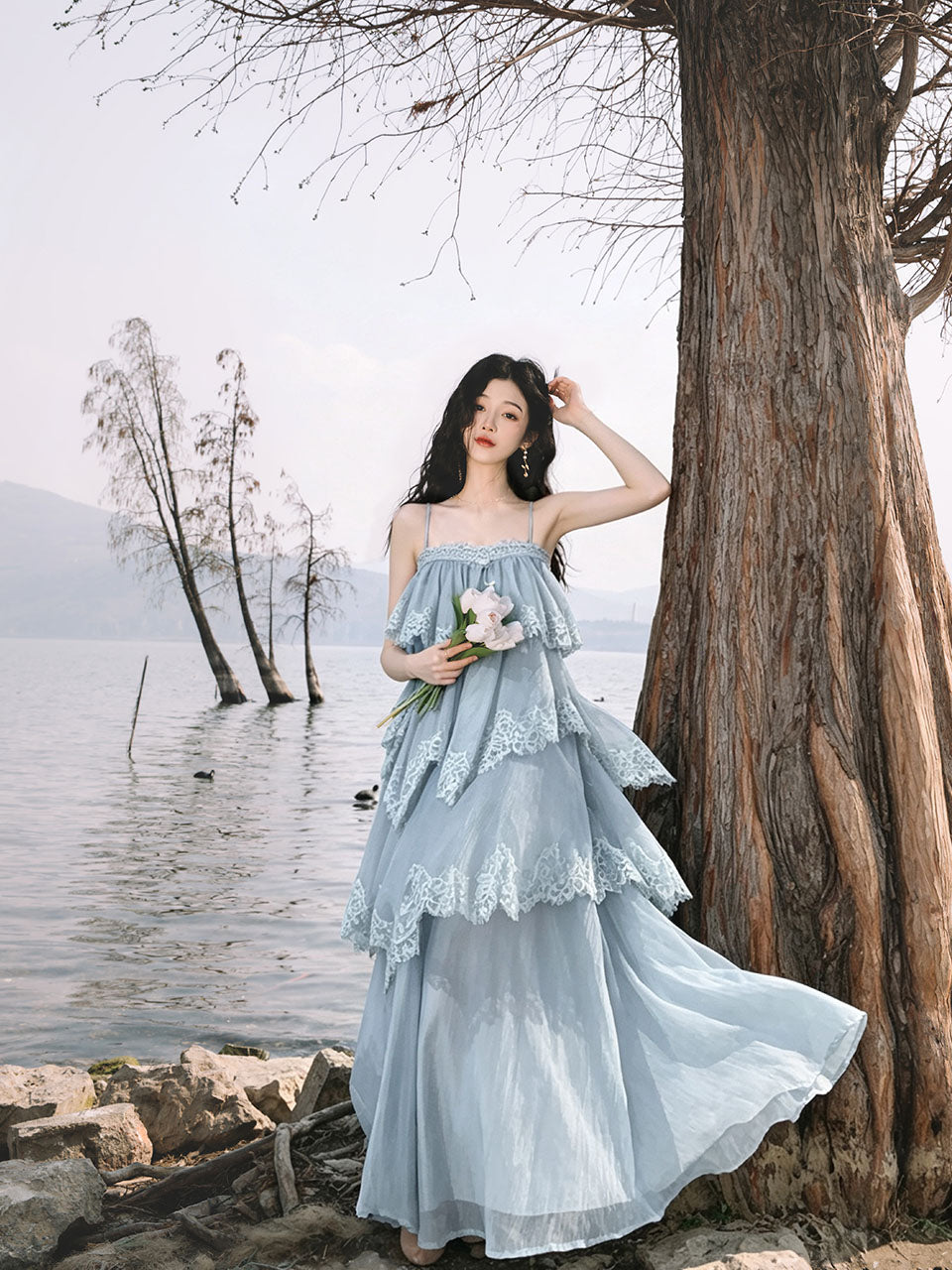 Blue Lace Spaghetti Strap Irregular Tiered Maxi Dress