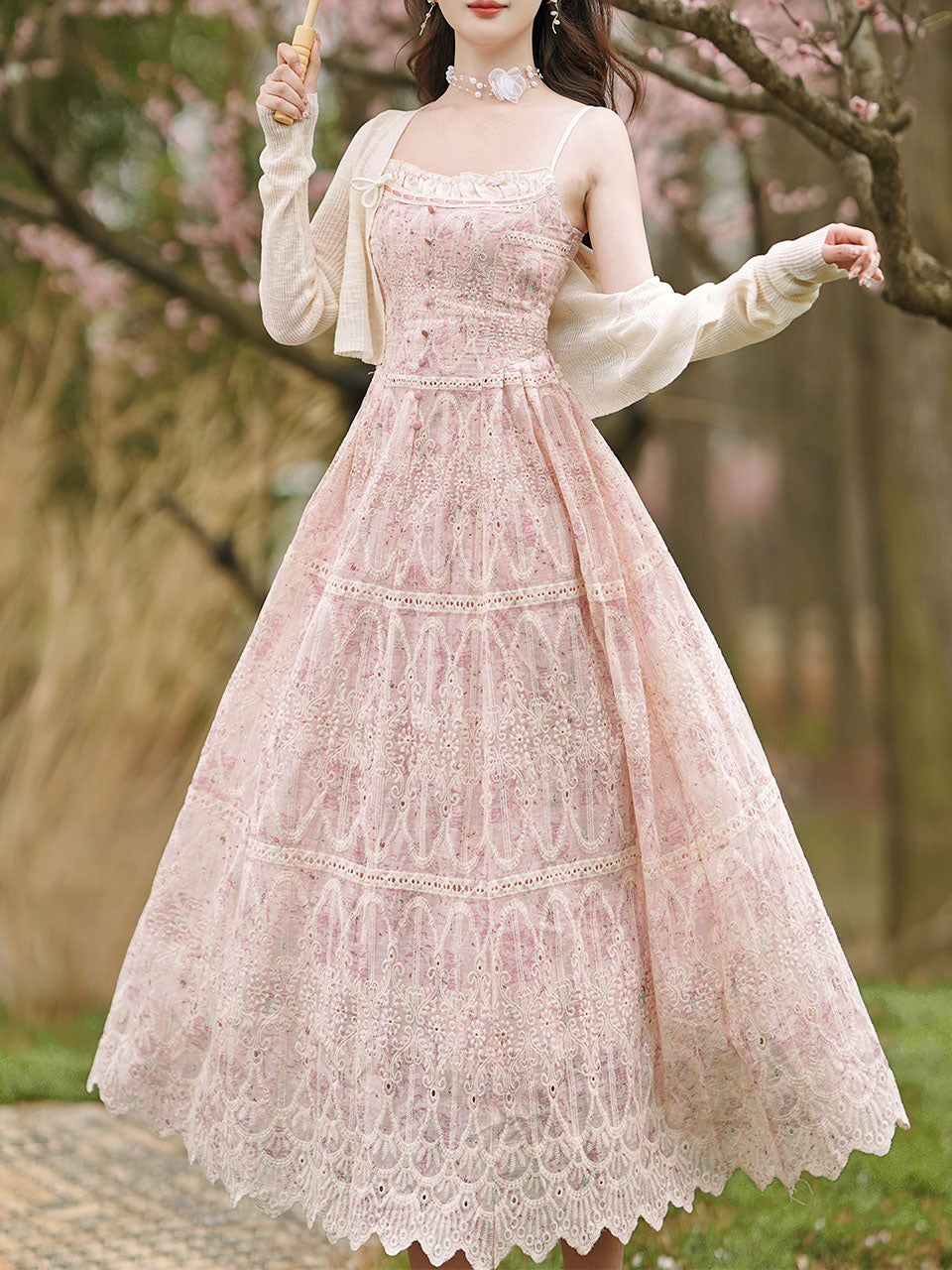 2PS Pink Embroidered lace Spaghetti Strap Dress