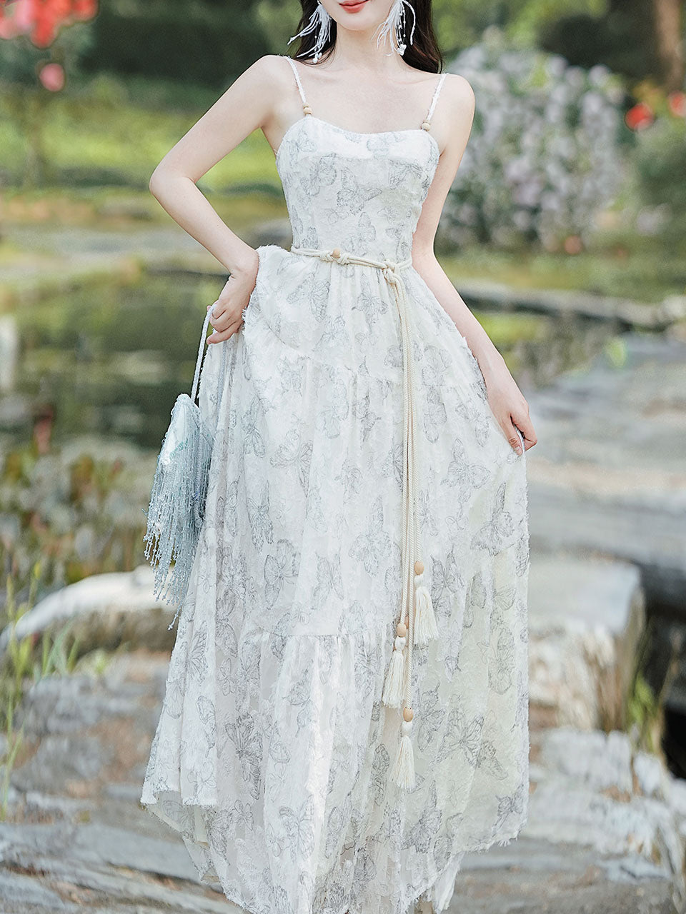 2PS White Butterfly Print Spaghetti Strap 1950S Vintage Dress