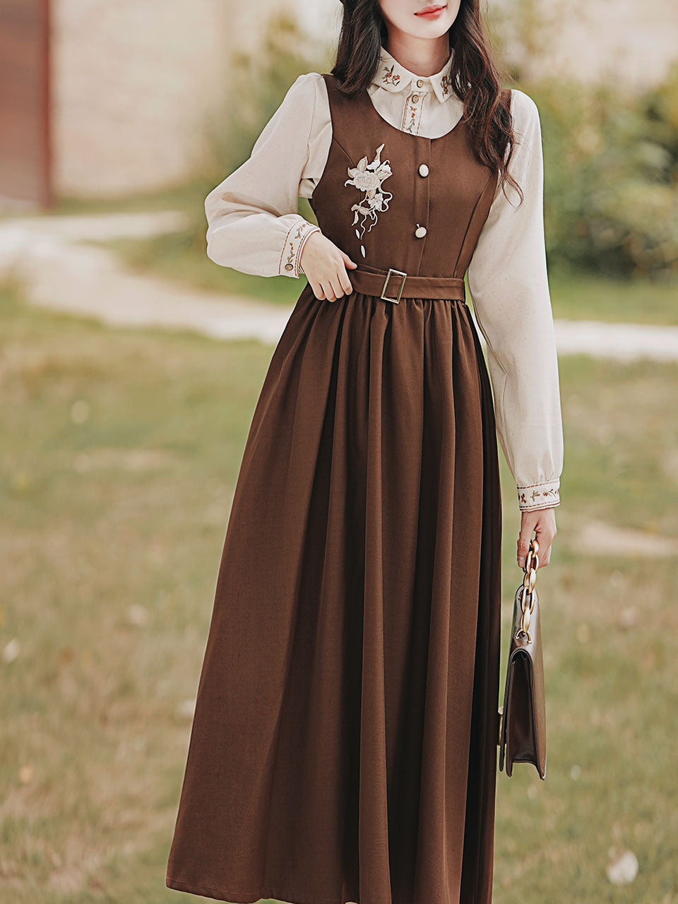 2PS Embroidered Stand Collar Vintage Fall Shirt Set Dress