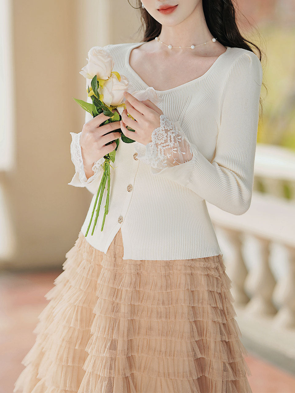 2PS White V Neck Knitted Sweater and Swing Mesh Fairy Skirt Dress Set