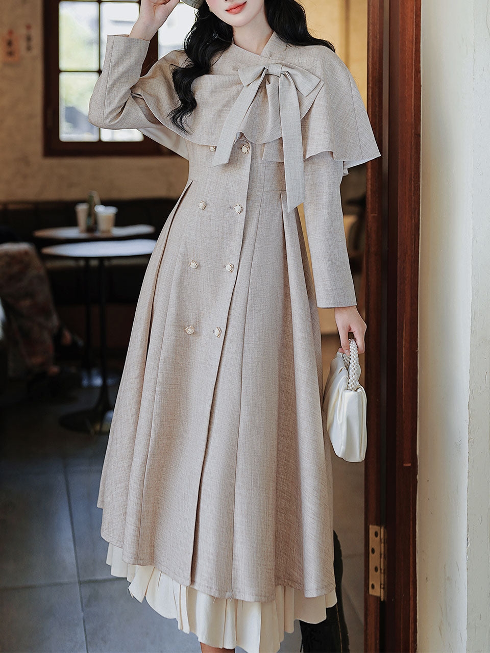 1950S Grey Bow Vintage Cape Long Dress Coat