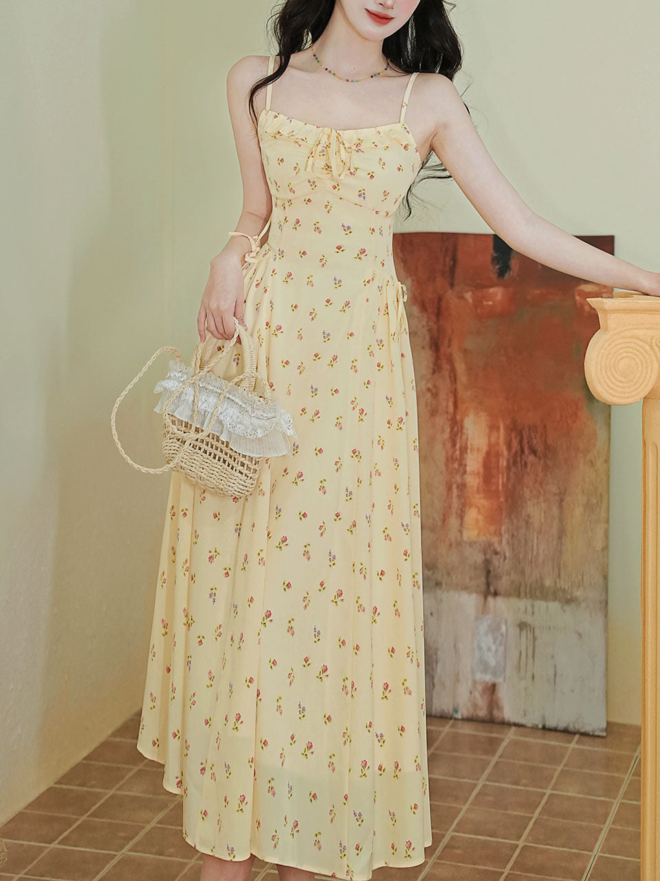 2PS Yellow Floral Spaghetti Strap 1950S Vintage Dress
